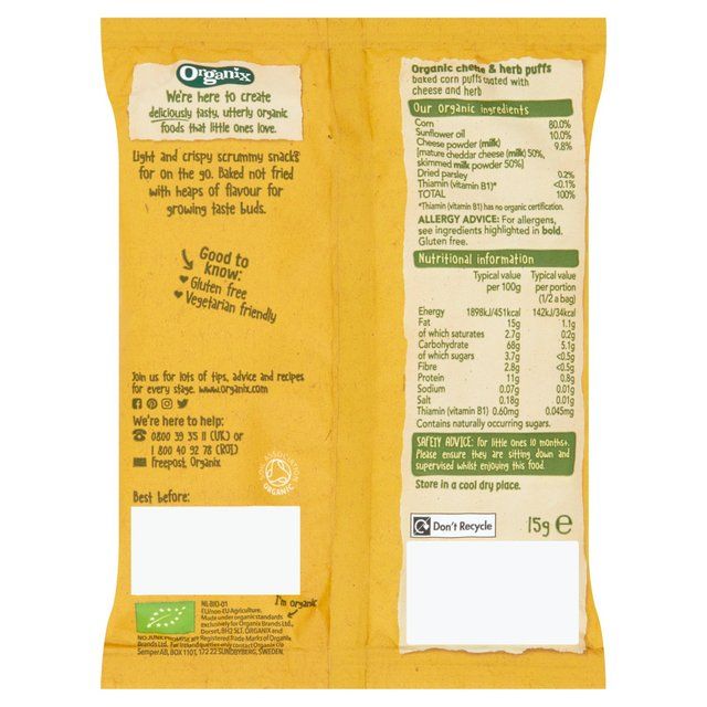 Organix Cheese & Herb Organic Puffs 10 mths+ 15g