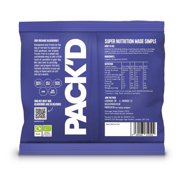 PACK'D Organic & Large Sun-Ripened Blueberries 300g