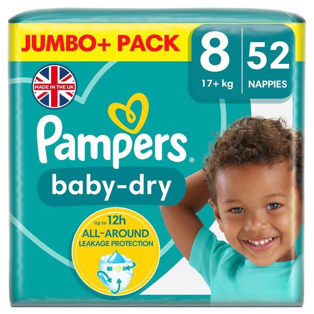 Pampers Baby-Dry Nappies Size 8 (17kg+) Jumbo+ Pack 52 per pack