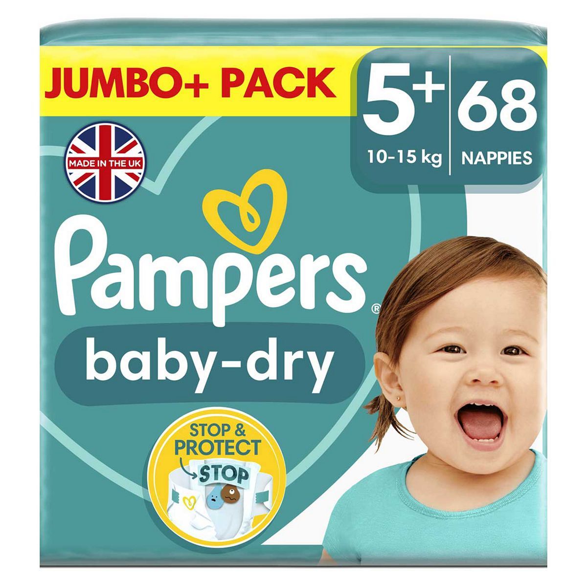 Pampers Baby-Dry Size 5+, 68 Nappies, 12kg-17kg, Jumbo+ Pack