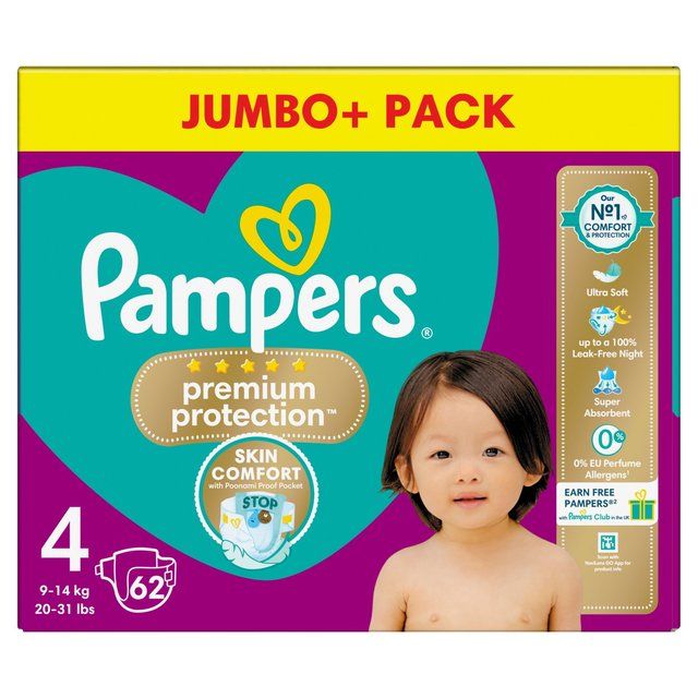 Pampers Premium Protection Nappies Size 4 (9-14kg) Jumbo+ Pack 62 per pack