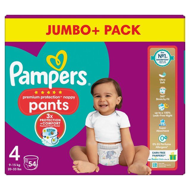 Pampers Premium Protection Nappy Pants Size 4 (9-15kg) Jumbo+ Pack 54 per pack