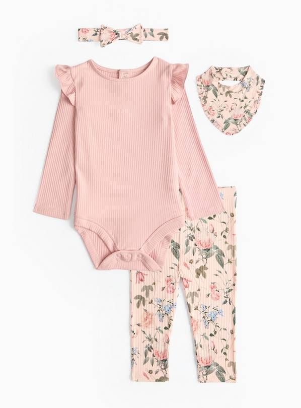 Pink Floral Print Ribbed 4-Piece Set 3-6 months