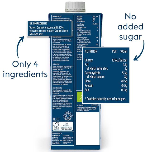 Plenish Organic Coconut Unsweetened Drink Long Life 1L