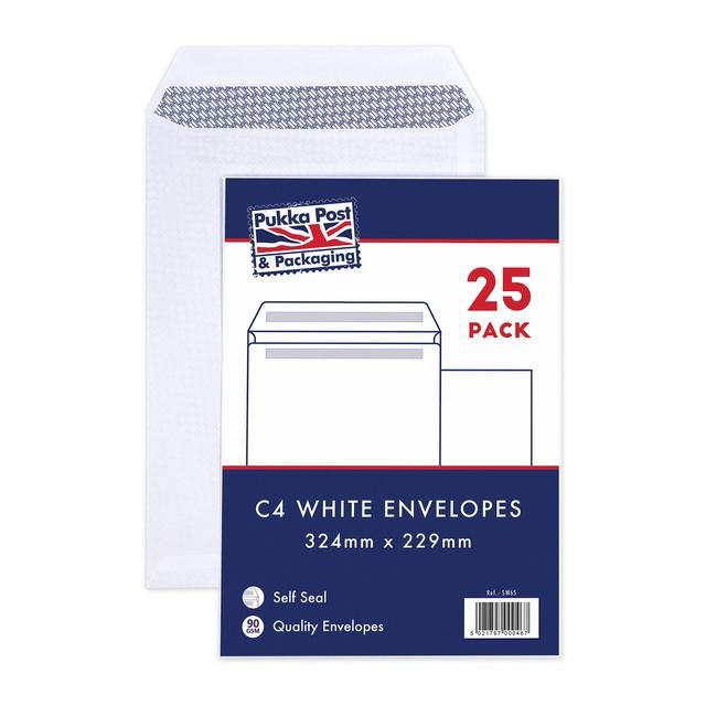 Pukka Pad - 25 Pack Envelopes - C4 White Self Seal Pocket - 324mm x 229m   25 per pack