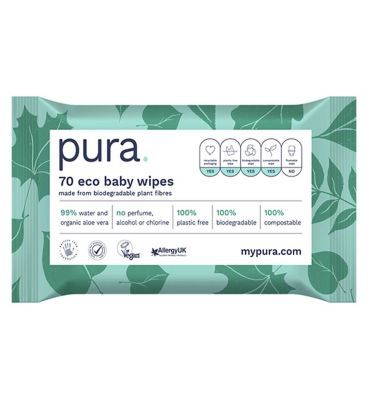 Pura 100% Plastic-Free Biodegradable Baby Wipes 70 Pack