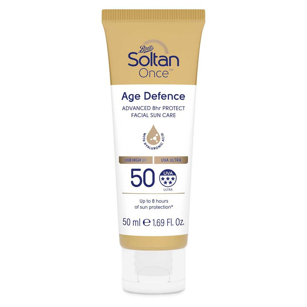 Soltan Once Age Defence Advanced 8hr Protect Facial Suncare Cream with Hyaluronic Acid SPF50 50ml
