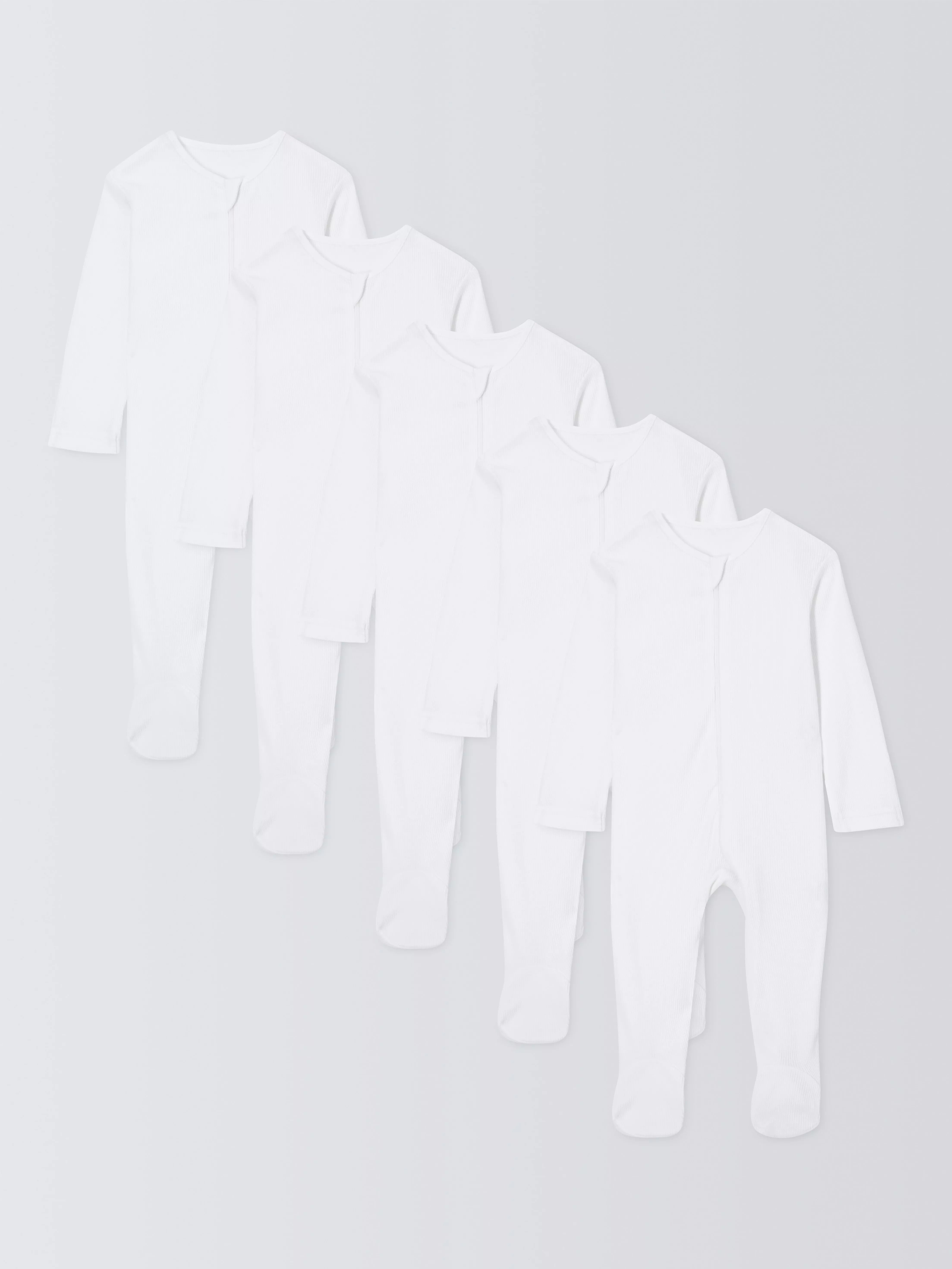 John Lewis Baby Ribbed Cotton Sleepsuit, Pack of 5, White - McGrocer