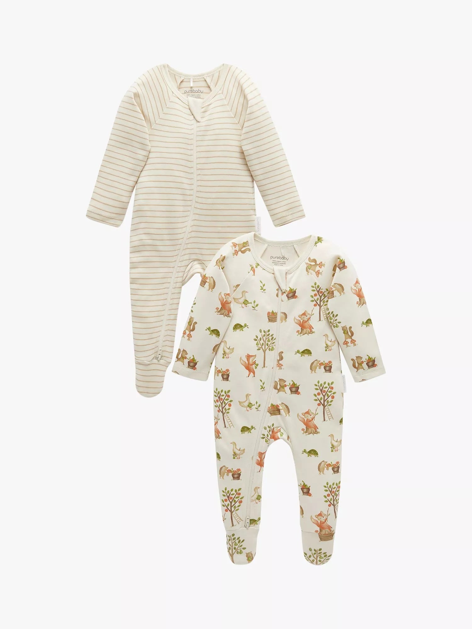 Purebaby Baby Organic Cotton Printed Sleepsuit, Pack of 2, Harvest Print - McGrocer