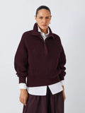 John Lewis Wool Cotton Blend Zip Neck Jumper, Berry - McGrocer