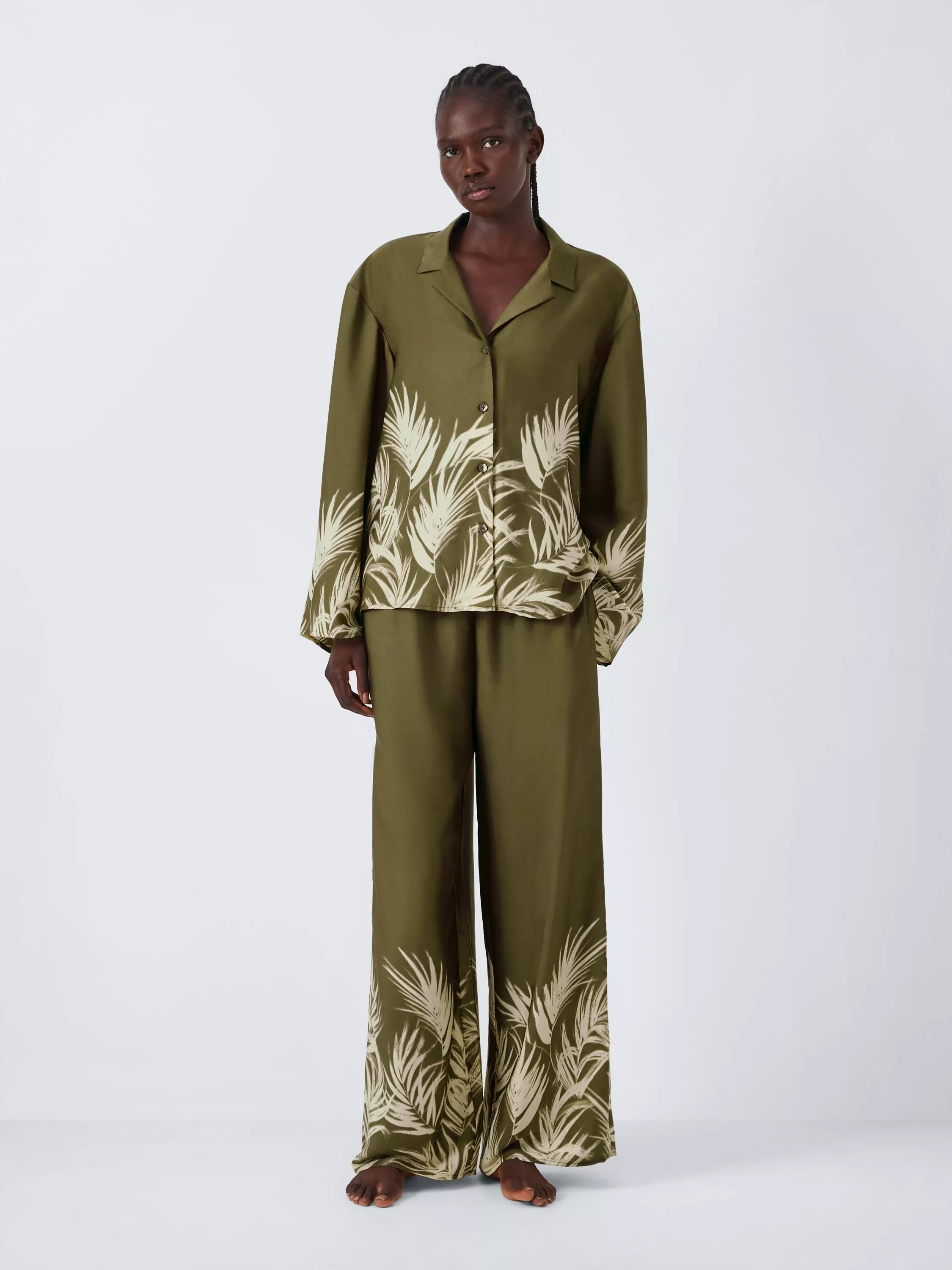 AND/OR Palm Print Satin Pyjama Set, Khaki - McGrocer