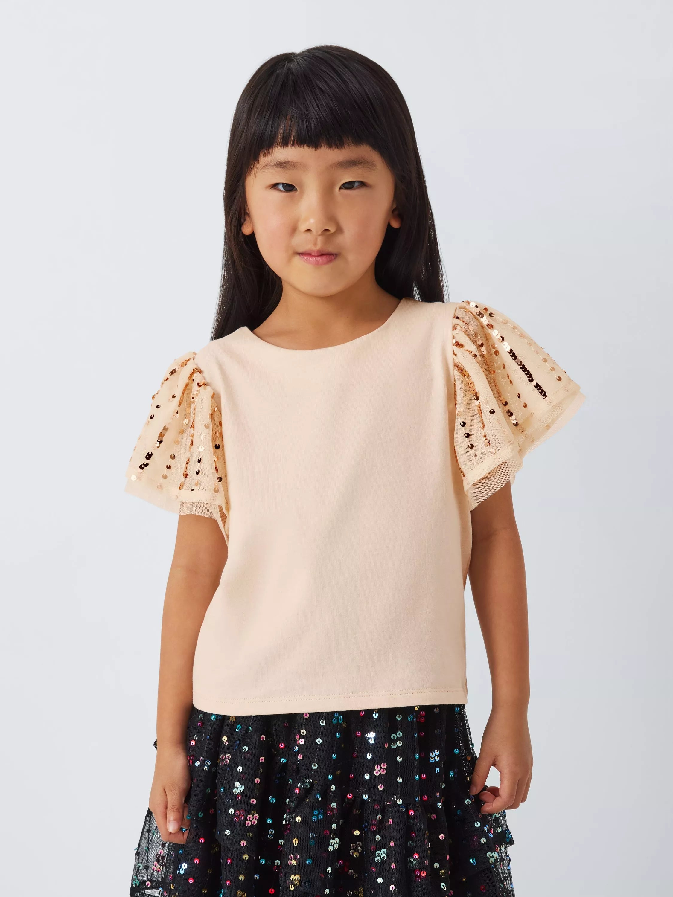 John Lewis Kids' Mesh Sequin Sleeve T-Shirt, Cream - McGrocer