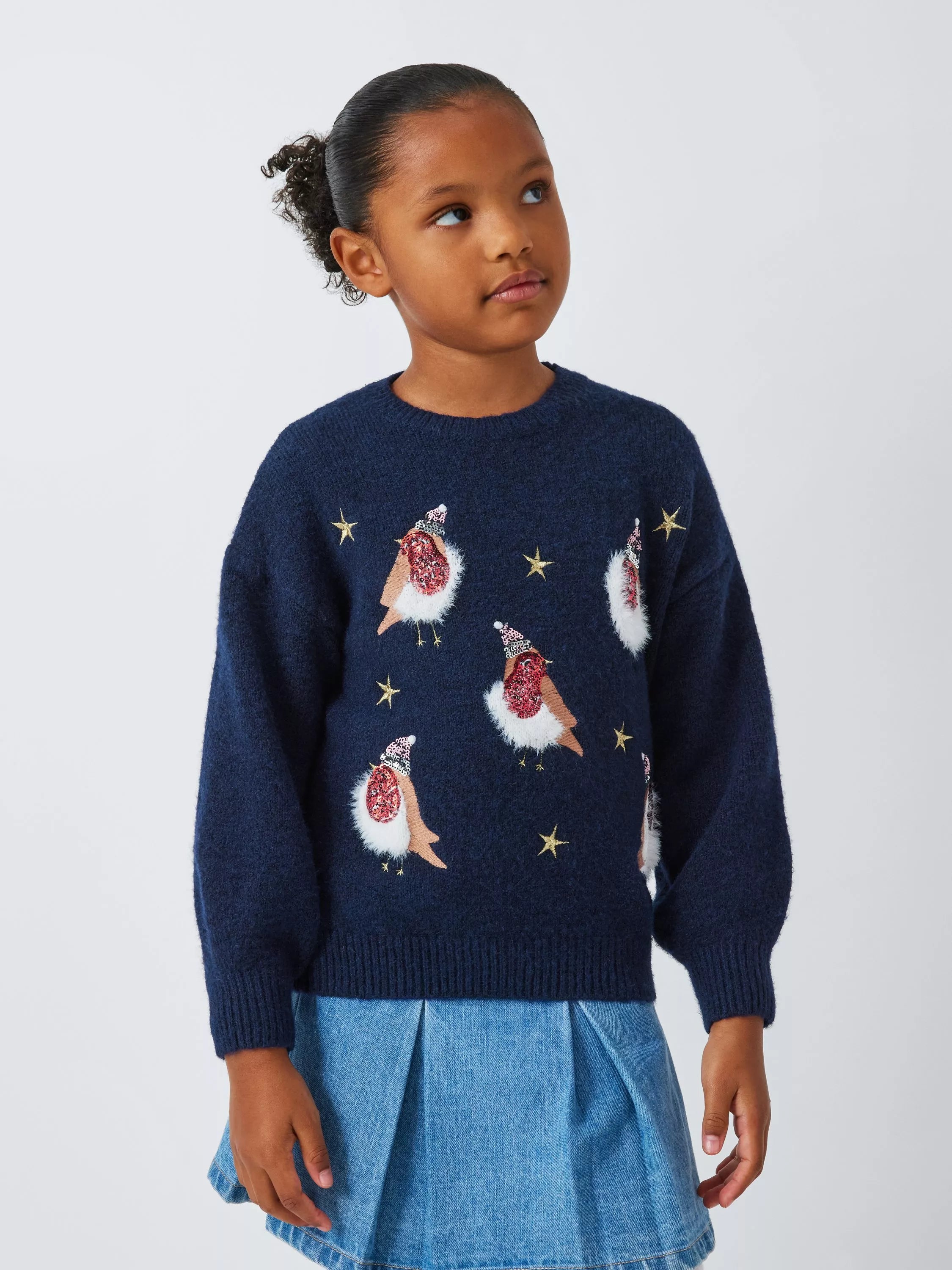 John Lewis Kids' Christmas Sequin Robins Knit Jumper, Navy - McGrocer