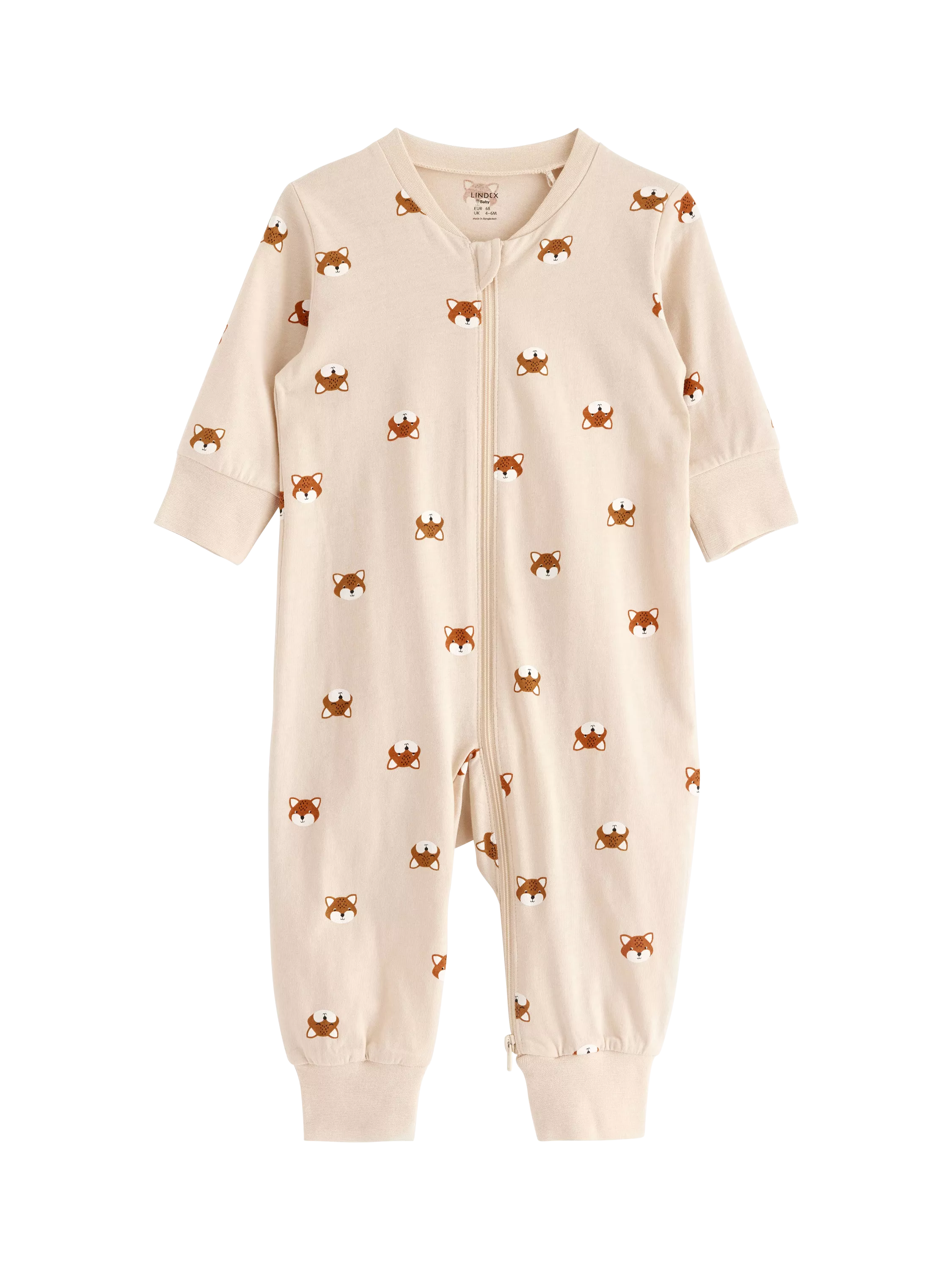 Lindex Baby Organic Cotton Fox Print Sleepsuit, Light Beige - McGrocer