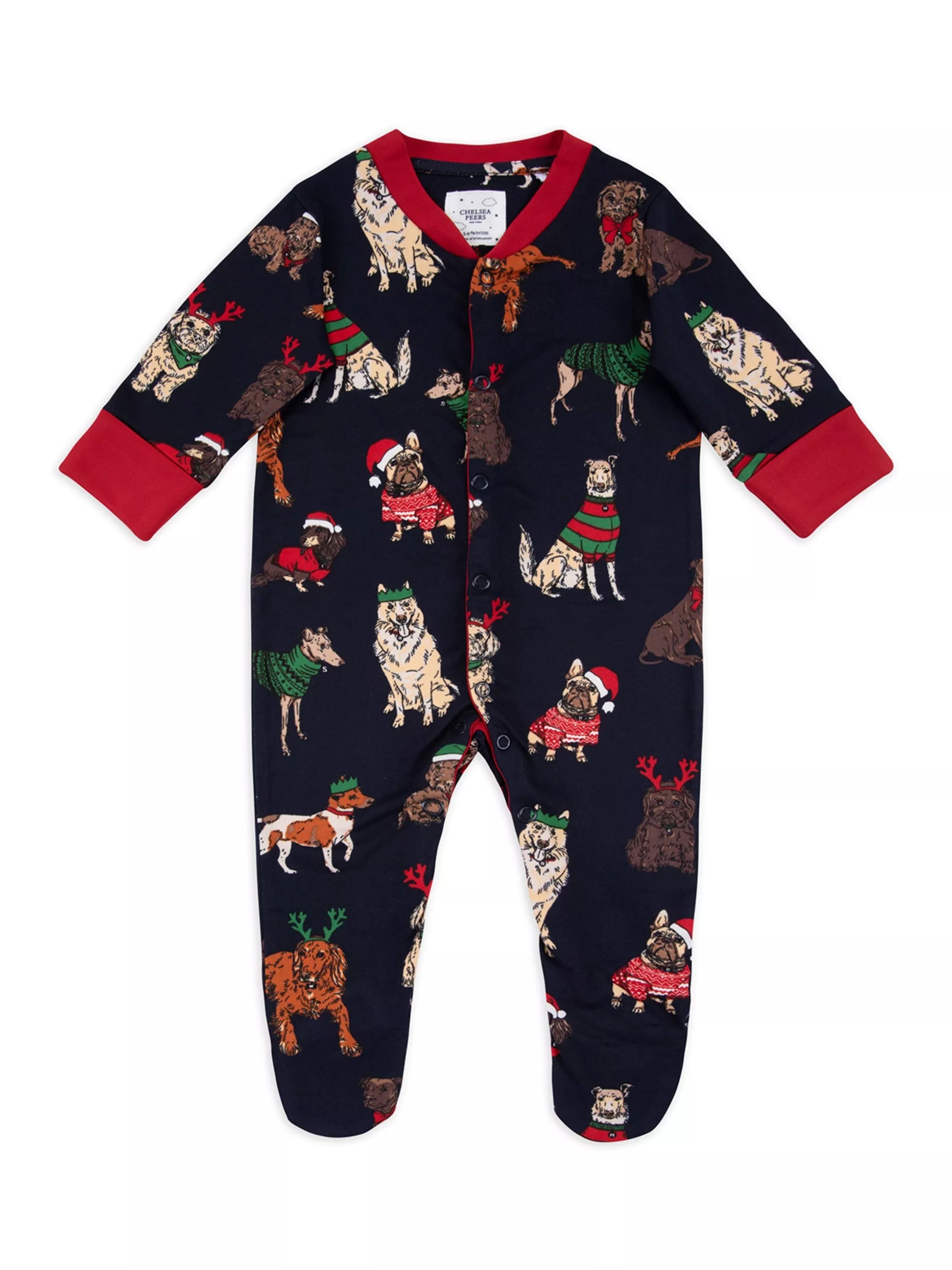 Chelsea Peers Baby Seasonal Dog Print Sleepsuit, Navy - McGrocer
