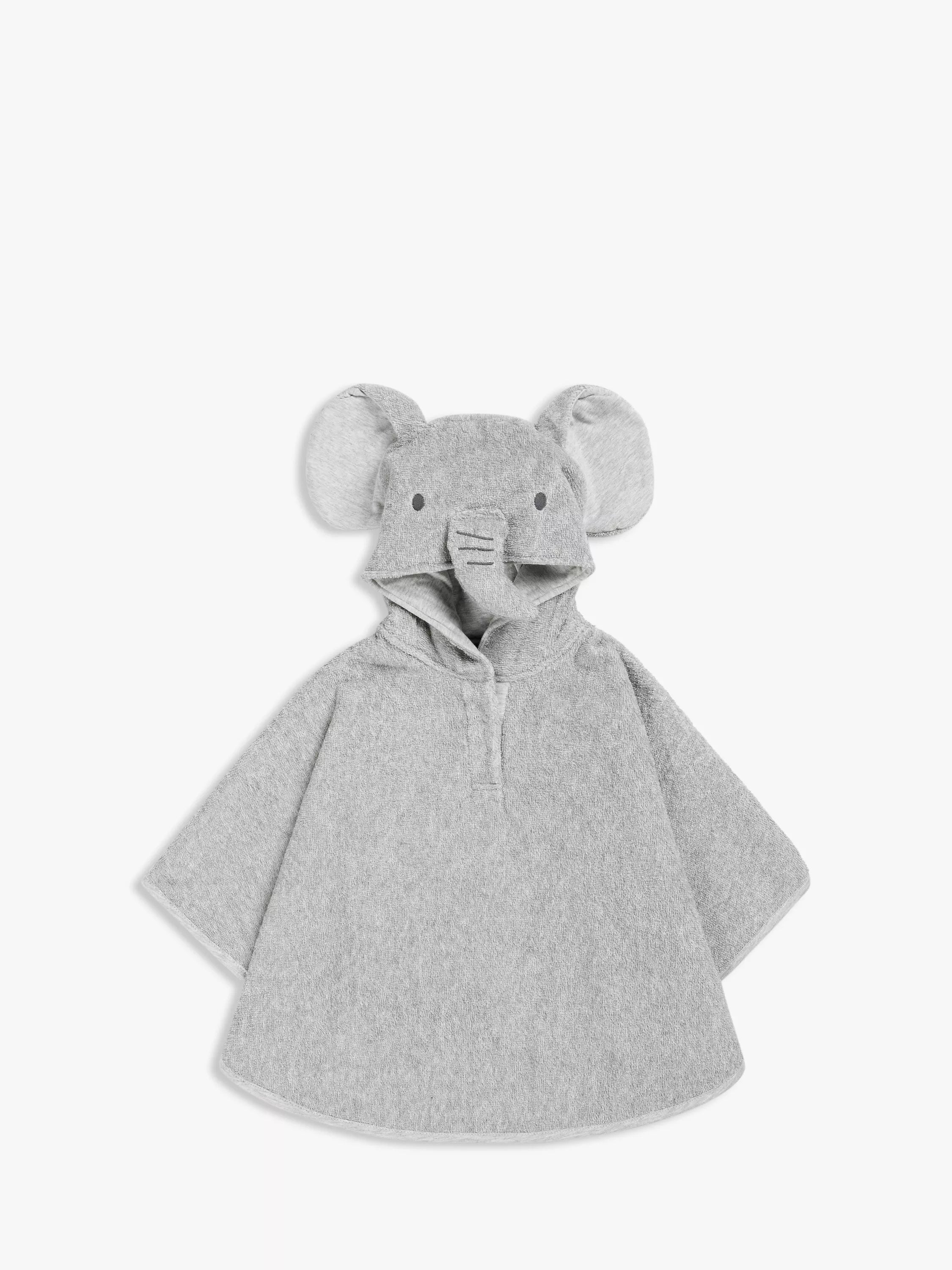 John Lewis Elephant Hooded Baby Bath Towelling Poncho, 0-2 years, Grey - McGrocer