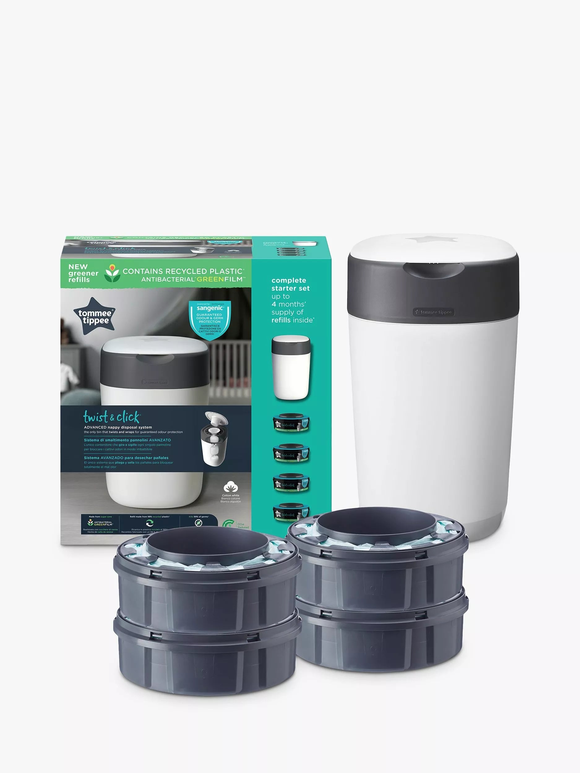 Tommee Tippee Twist & Click Advanced Nappy Bin Starter Set with 4x Refill Cassettes - McGrocer