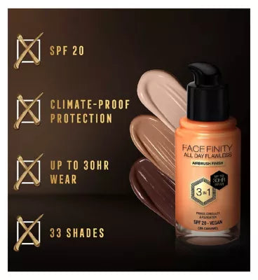 Max Factor Facefinity All Day Flawless 3 in 1 SPF 20 Vegan Foundation 30ml - McGrocer