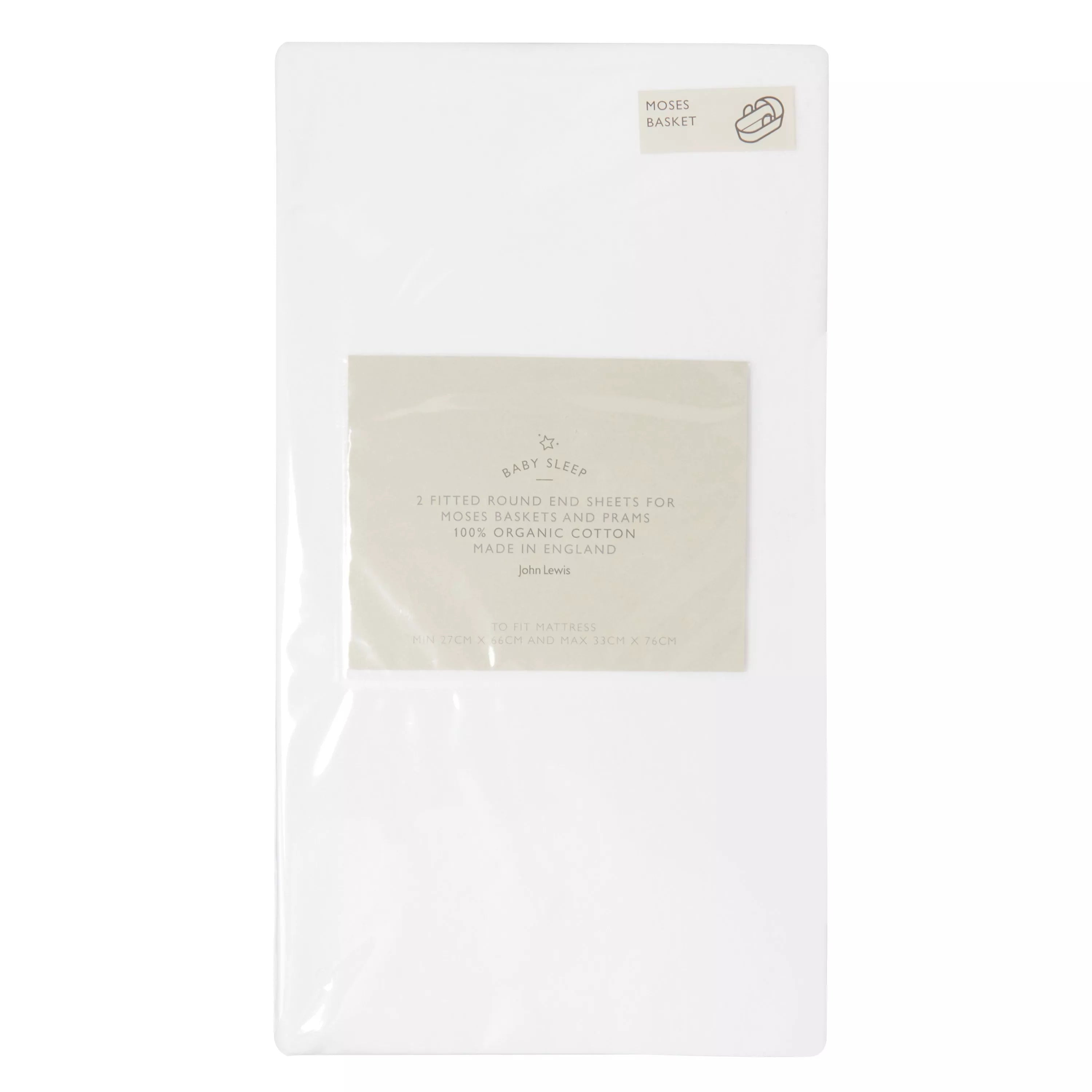 John Lewis GOTS Organic Cotton Fitted Moses Basket Sheet, Pack of 2, 33 x 76cm - McGrocer