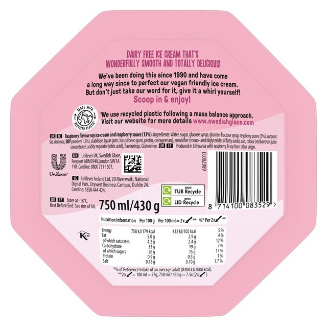 Swedish Glace Dairy Free Delightful Raspberry Vegan Ice Cream Tub    750ml GOODS M&S   
