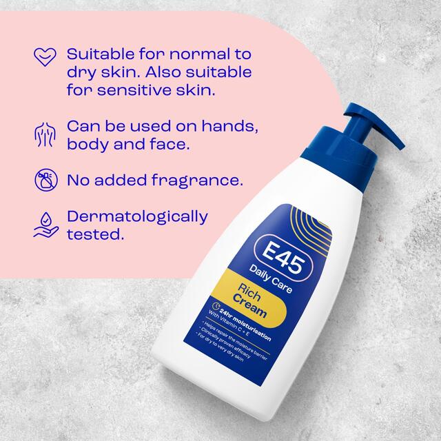 E45 Rich 24H Fast Absorbing Moisturiser Cream for dry skin Pump   400ml - McGrocer