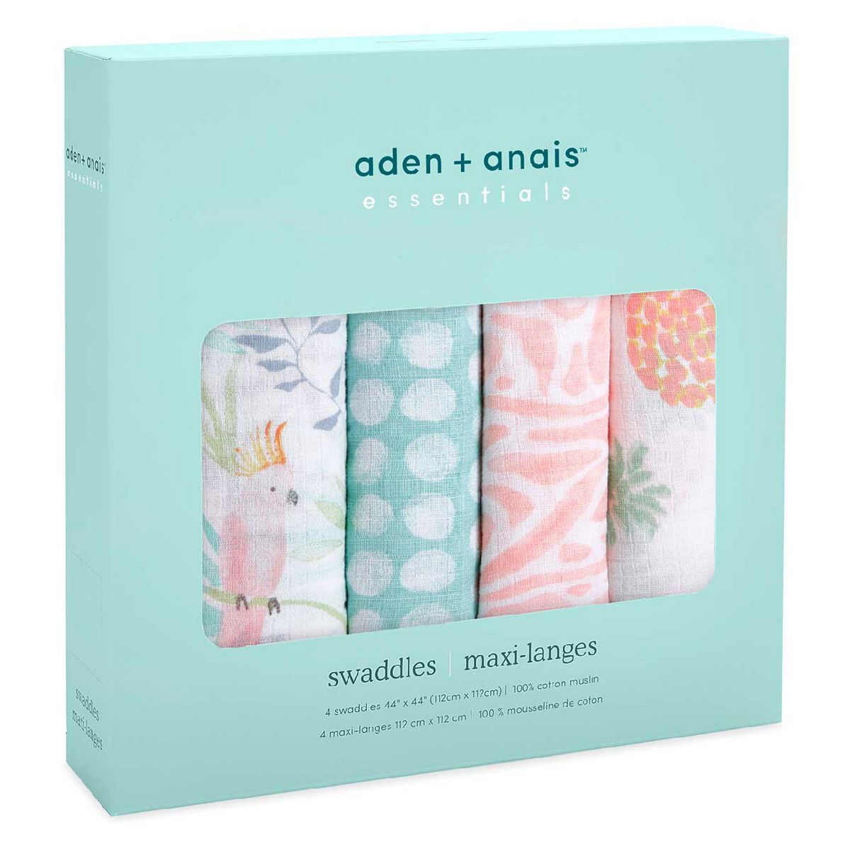 Aden + Anais™ essentials cotton muslin 4 pack swaddle blanket tropicalia - McGrocer