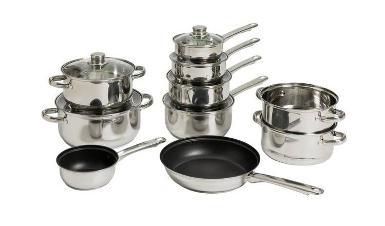Argos Home 9 Piece Stainless Steel Pan Set - Silver - McGrocer
