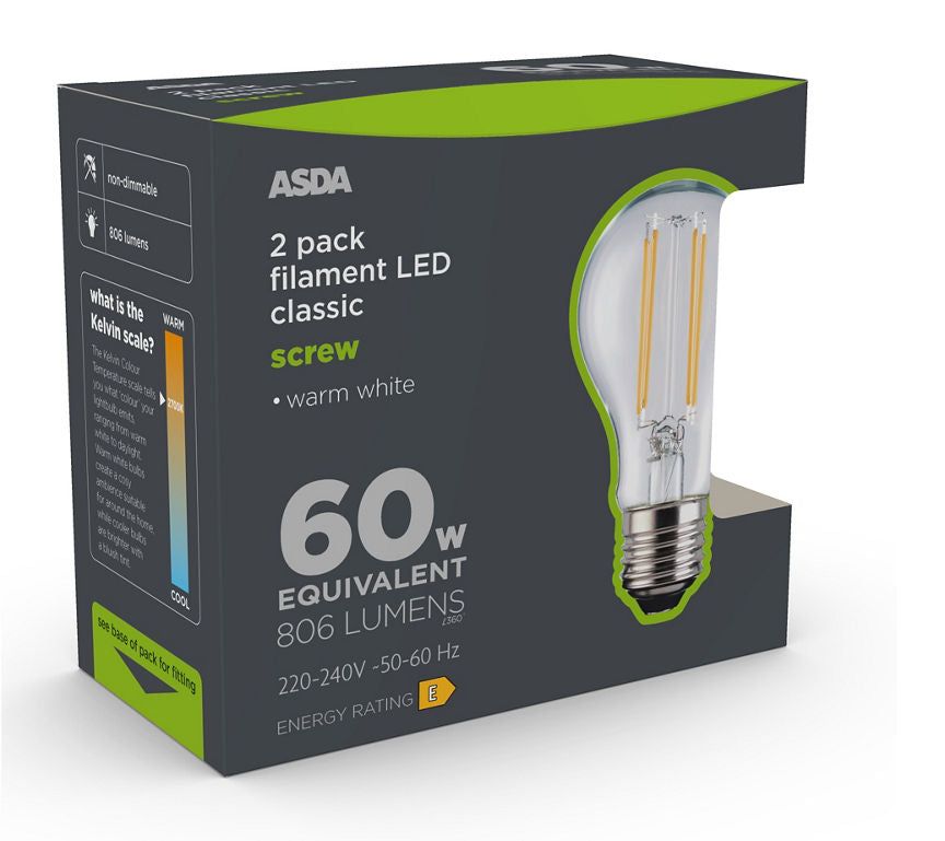 ASDA LED Filament Classic 60W Large Screw Clear Lightbulb - McGrocer