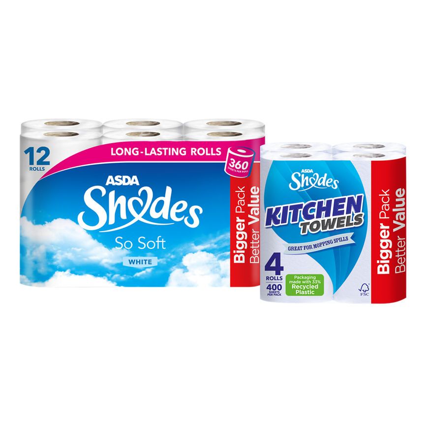ASDA Shades Asda Shades So Soft Toilet Roll 12 Rolls & Asda Shades Kitchen Roll 4pk Bundle - McGrocer