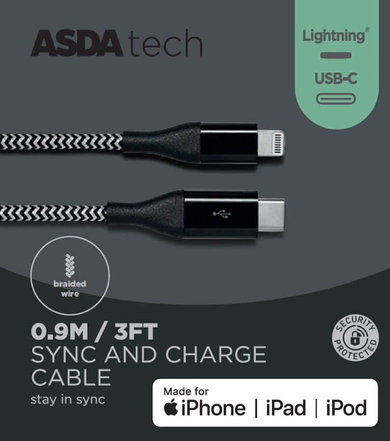 ASDA Tech Lighting to USB-C Cable - Black 0.9m - McGrocer
