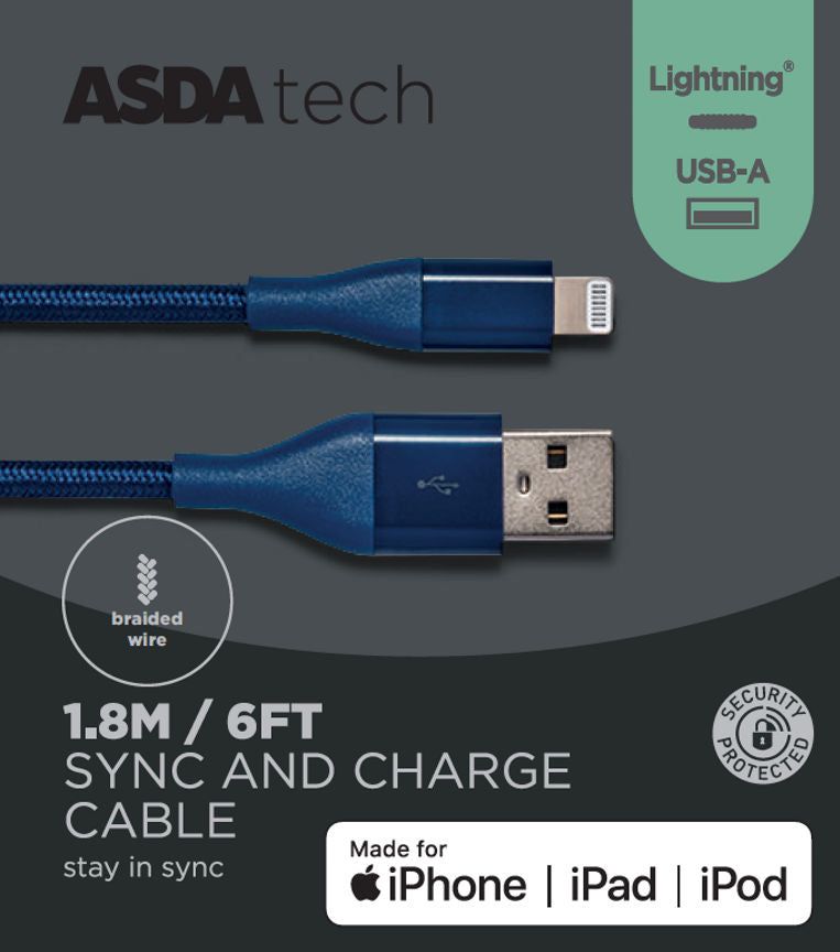 ASDA Tech Lightning Cable - Braided Blue 1.8m - McGrocer