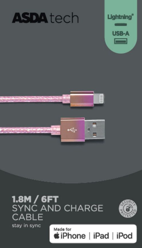 ASDA Tech Lightning Cable - Iridescent Pink 1.8m - McGrocer