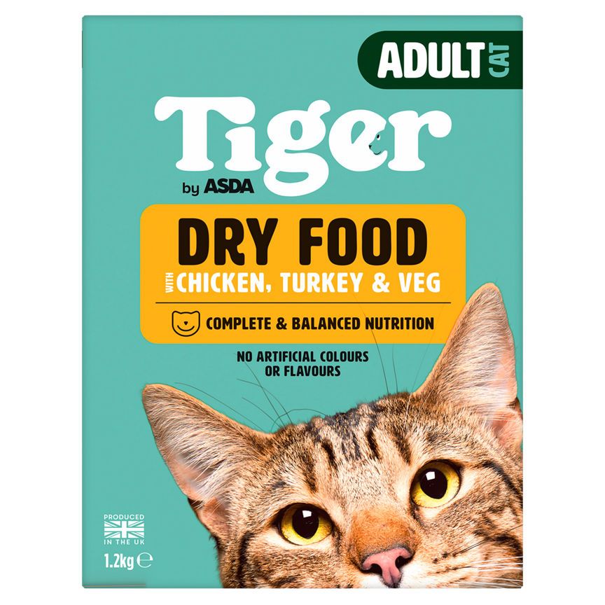 ASDA Tiger Dry Food with Chicken, Turkey & Veg Adult Cat 1.2kg - McGrocer