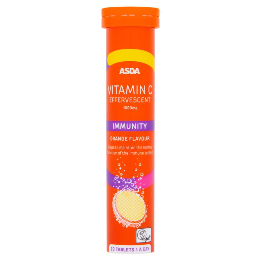 ASDA Vitamin C Effervescent 1000mg Immunity Orange Flavour 1 A Day 20 Tablets - McGrocer
