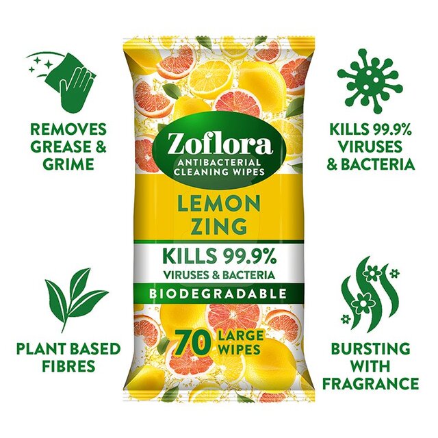 Zoflora Lemon Zing Antibacterial Multi-surface Wipes   70 per pack - McGrocer