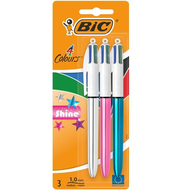 BIC 4 Colours Shine Retractable Ballpoint Pens Pack of 3 - McGrocer