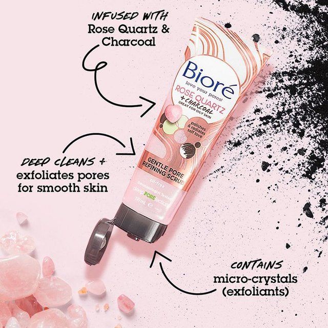 Biore Rose Quartz & Charcoal Gentle Pore Refining Face Scrub for Oily Skin   110ml - McGrocer