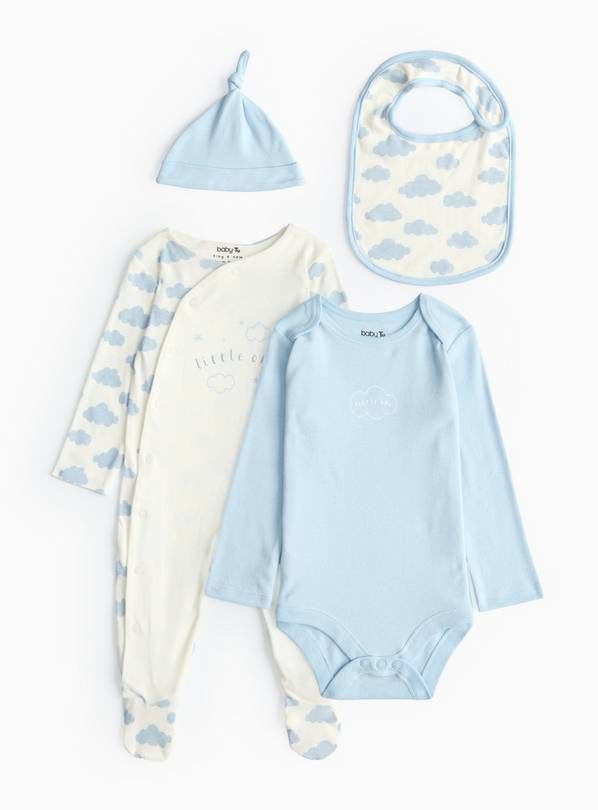 Blue Cloud Print Sleepsuit, Bodysuit, Hat & Bib Set  6-9 months - McGrocer