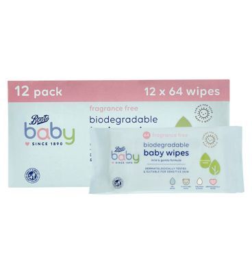 Boots Baby Fragrance Free Biodegradable soft baby wipes, 64x12 pack = 768 wipes - McGrocer