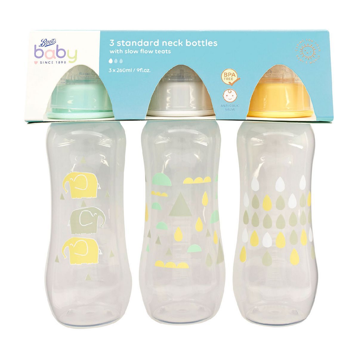 Boots Baby Standard Neck Bottle 260ml 3 Pack - Patterned - McGrocer