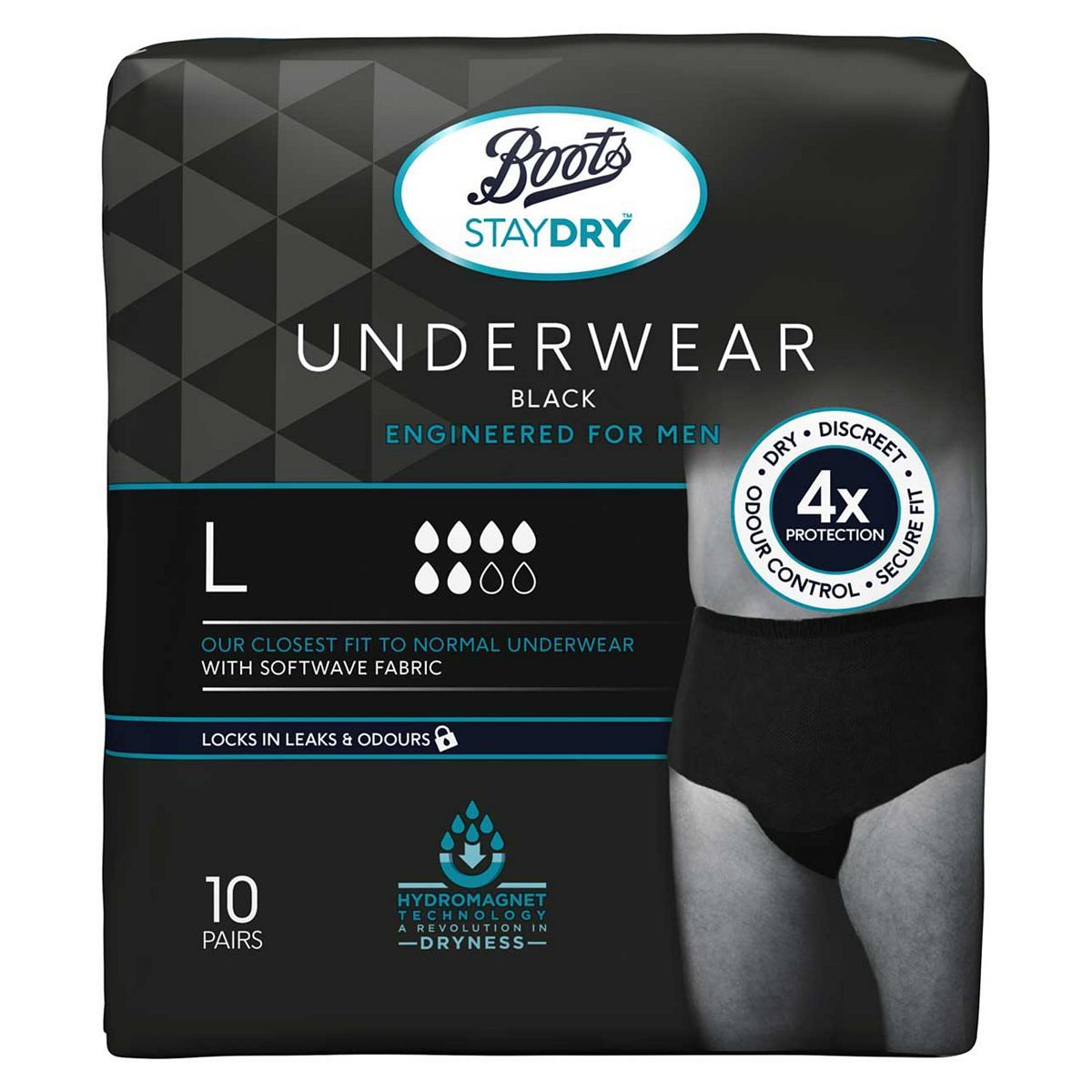Boots Staydry Underwear Black - Engineered for Men - Large - 10 pairs - McGrocer