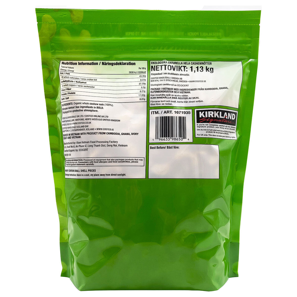 Kirkland Signature Organic Cashews Bag, 1.13kg - 998195