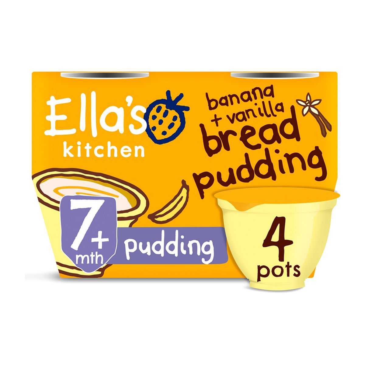 Ella's Kitchen Organic Banana + Vanilla Bread Pudding Baby Dessert Pot Multipack 7+ Months 4 x 80g