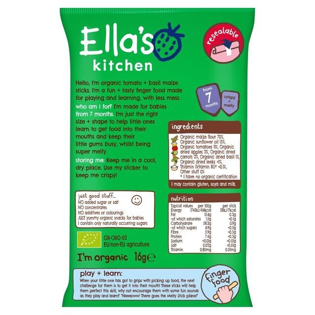 Ella's Kitchen Tomato &amp;amp; Basil Melty Sticks Baby Snack 7+ Months   16g