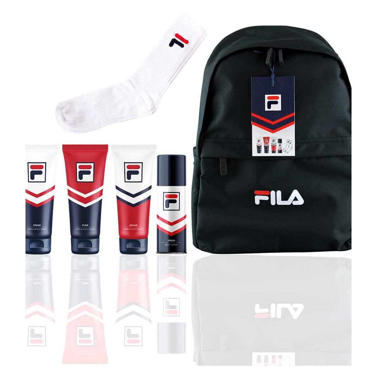 FILA Back Pack Gift containing  3 x 200ml FILA Hair &amp;amp; Body Wash, Body Spray and FILA Sports Socks