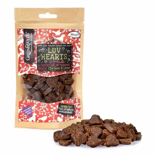 Green &amp;amp; Wild's Luv Hearts Chicken and Liver Grain Free Training Dog Treats   100g