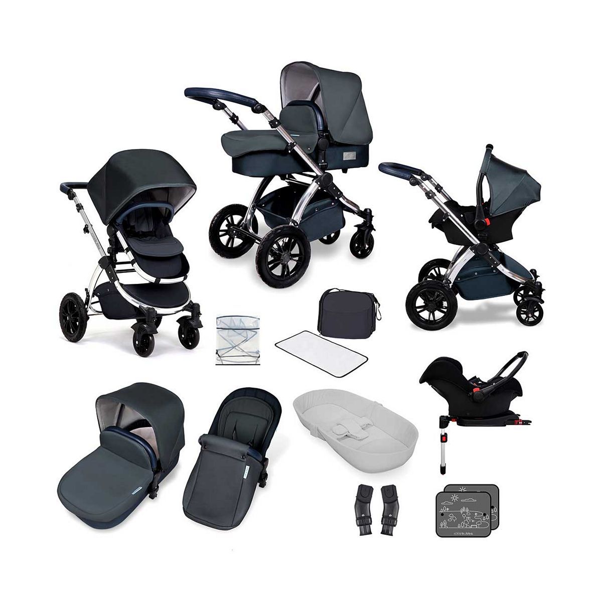 Ickle Bubba Stomp V4 travel system with galaxy car seat &amp;amp; isofix base chrome/blueberry