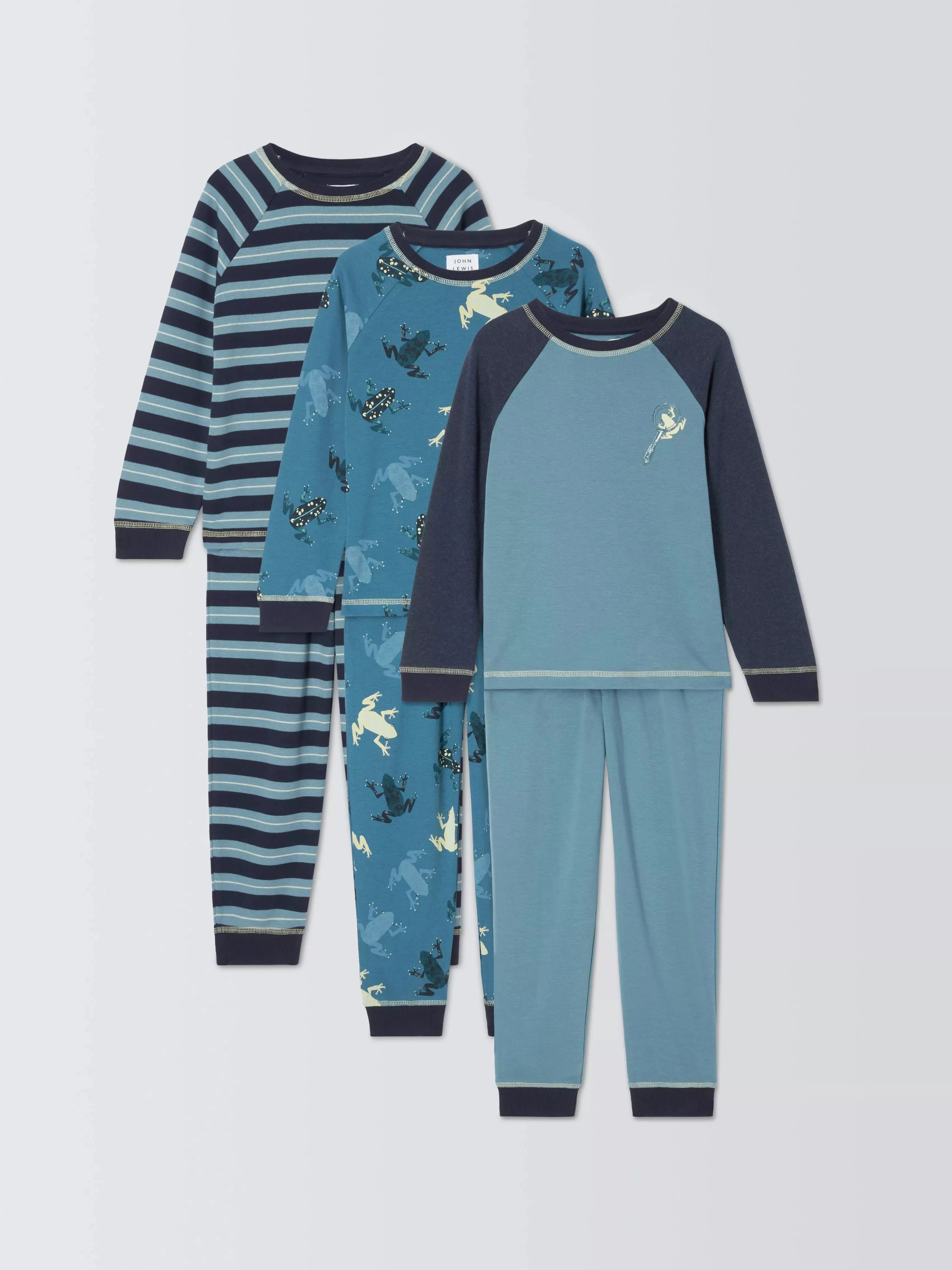 John Lewis Kids' Frog &amp;amp; Stripe Cotton Pyjama Set, Pack of 3, Blue