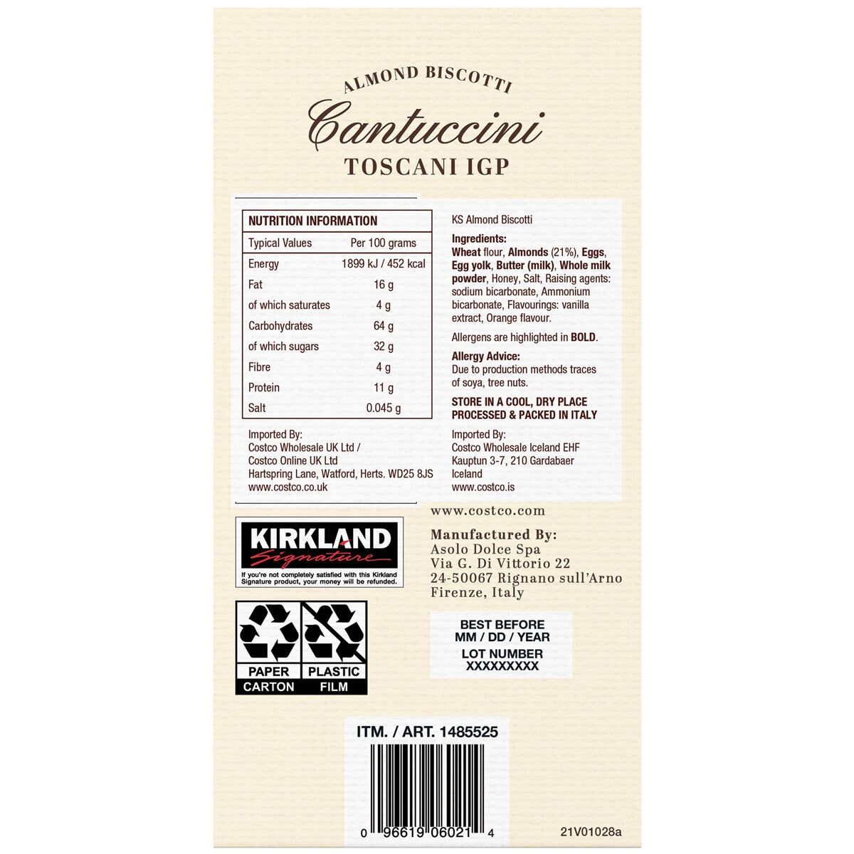 Kirkland Signature Cantuccini Toscani IGP Almond Biscotti, 1kg