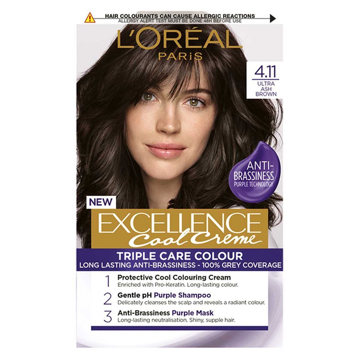 L&amp;rsquo;Or&amp;eacute;al Paris Excellence Cool Cr&amp;egrave;me Permanent Hair Dye, Long-lasting Anti-Brassiness Colour, 4.11 Ultra Ash Brown
